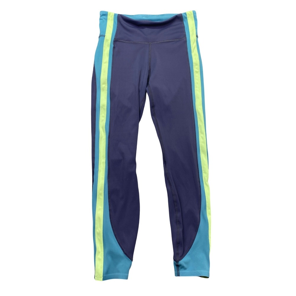 Athleta Crunch Leggings Navy Teal Neon Green Colorblock 487399 Size XS